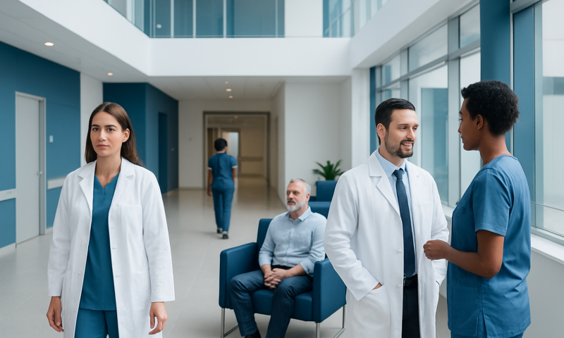 Medical professionals and patients in a modern hospital corridor.