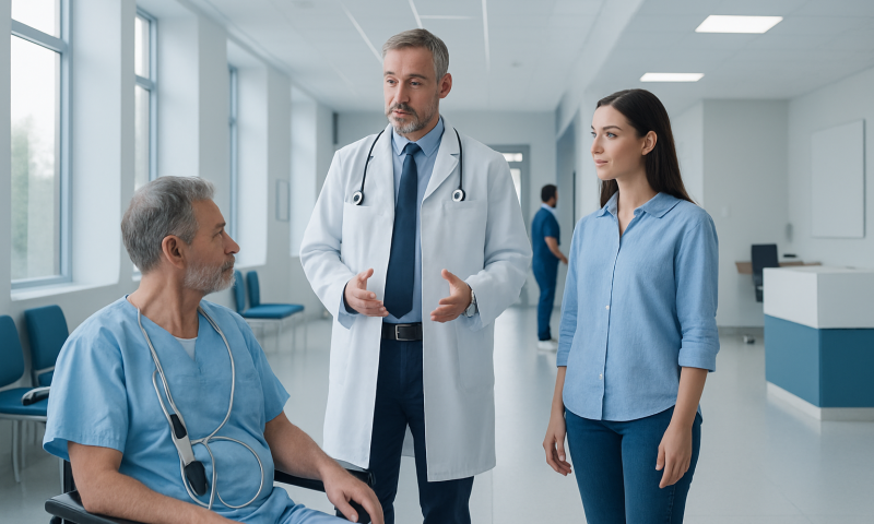 Doctor discussing LVAD surgery with patient and nurse in hospital corridor.