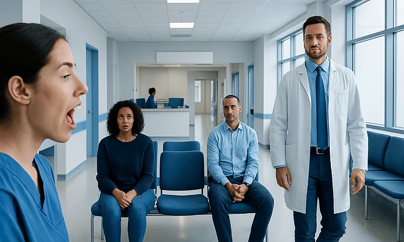 Doctor consulting with patients in a hospital waiting area.