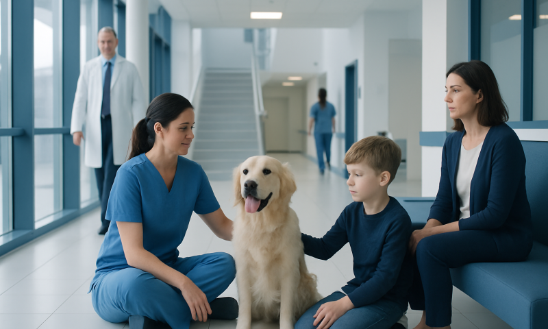 Therapy dog with children and healthcare professionals in hospital corridor.