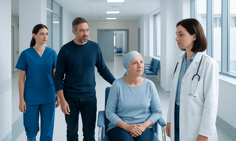 Cancer patient receiving consultation in hospital corridor with medical team.