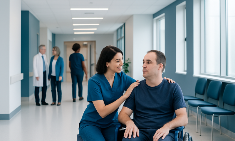 Compassionate nurse talking to a patient in a wheelchair at a hospital corridor.