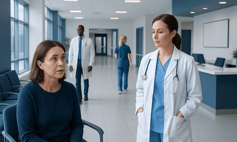 Doctor consulting a patient in a hospital corridor.