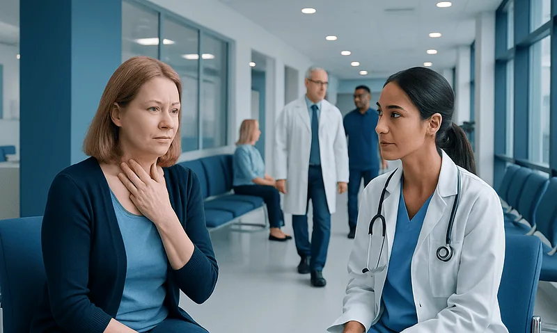 Patient consulting with doctor in hospital corridor.