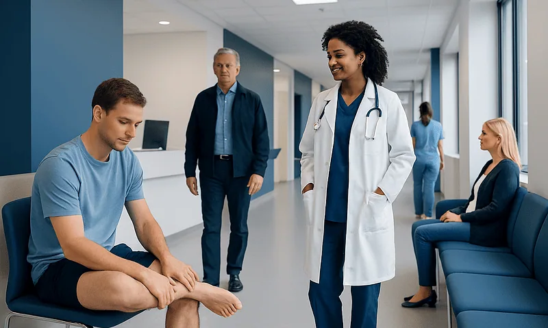 Doctor consulting a patient in a hospital corridor.