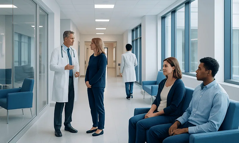 Doctors and patients in a hospital corridor at Acibadem Hospitals Group.