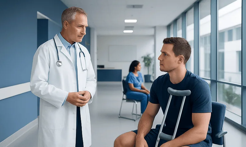 Doctor consulting with a patient with crutches in a hospital corridor.
