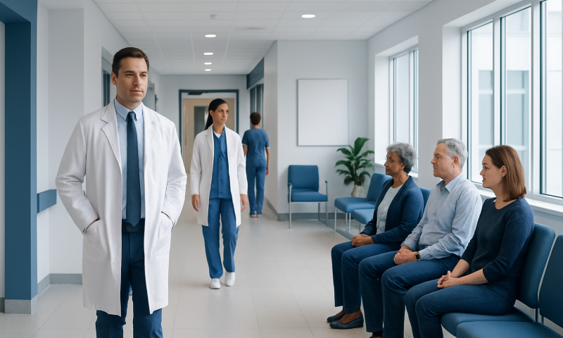 Doctors and patients in a modern hospital corridor.