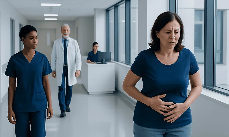 Patient experiencing stomach pain in hospital corridor with medical staff nearby.
