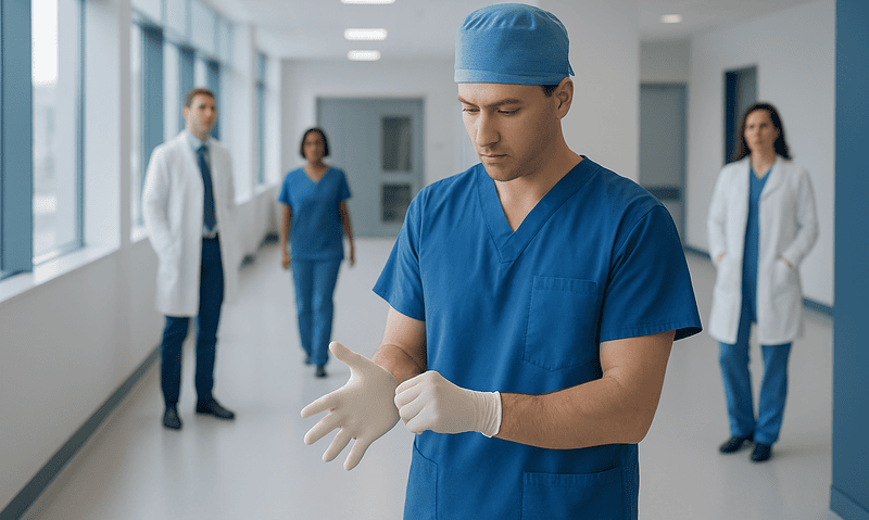 Surgeon preparing to put on surgical gloves in hospital corridor.
