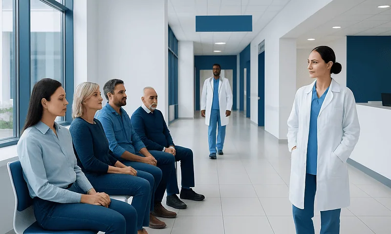 Medical consultation at Acibadem Hospital with patients and doctor.