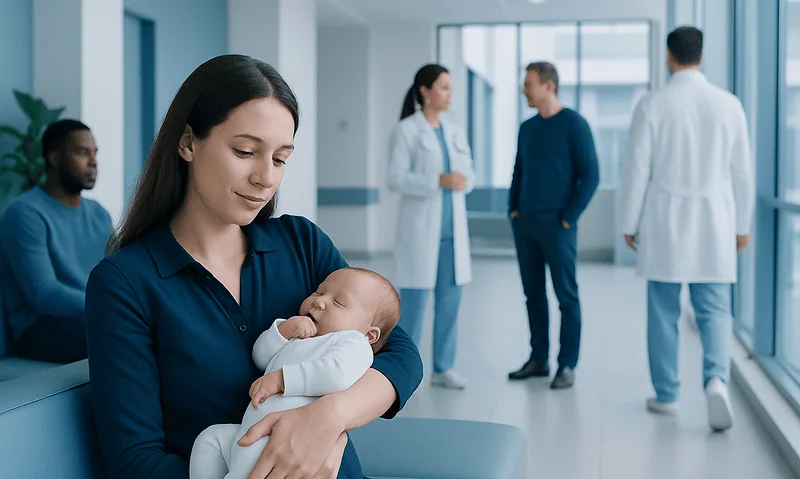 Mother holding newborn baby in hospital corridor with medical staff in background.