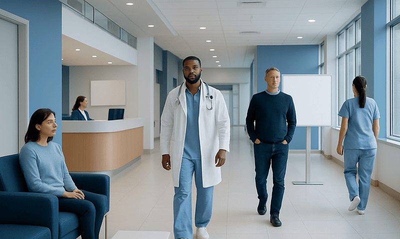 How to Repair the Vagus Nerve: Procedure, Recovery and Results 7 Medical professionals and patients in a modern hospital corridor.