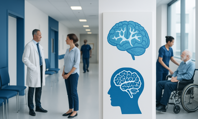 How to Repair White Matter in the Brain: Procedure, Recovery and Results 2 Medical professionals discuss brain health in a hospital corridor.