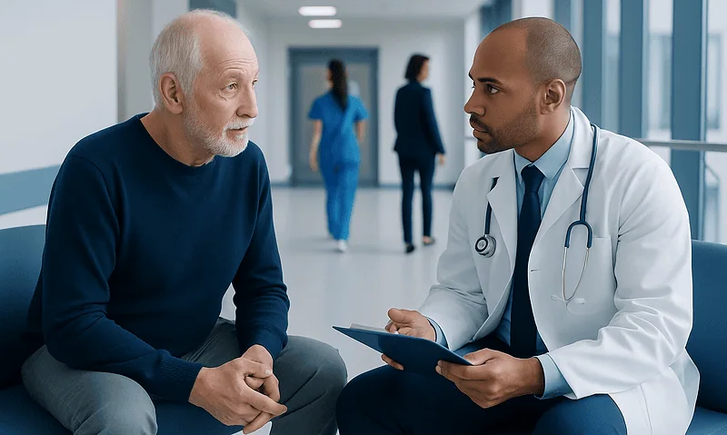 Doctor discussing prostate cancer treatment options with an elderly patient in hospital corridor.