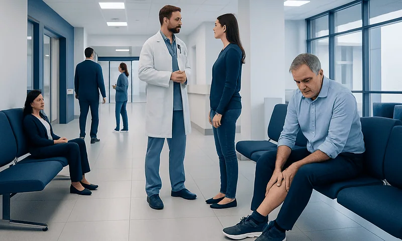 Doctor consulting patient about leg burning sensation in hospital corridor.