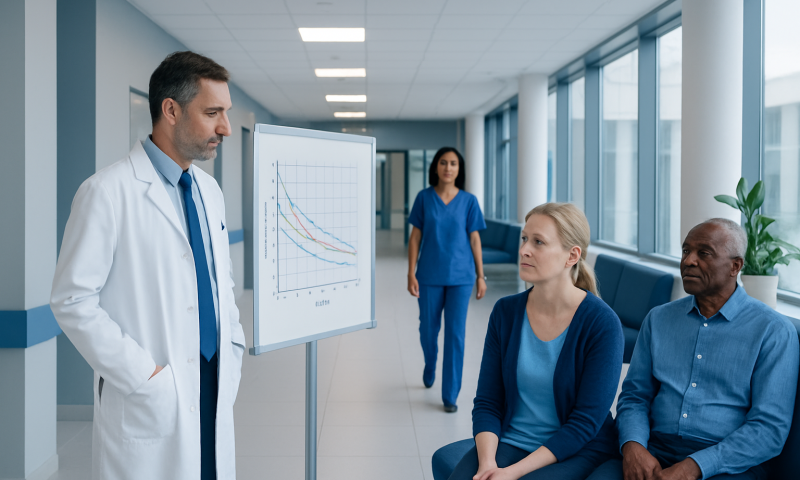 Doctor explaining heart rate recovery chart to patients in hospital corridor.