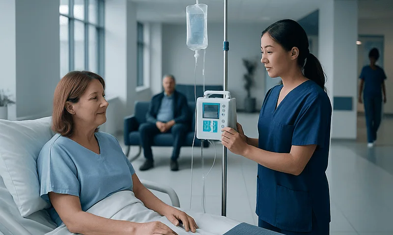 Nurse preparing IV infusion for patient in hospital room.