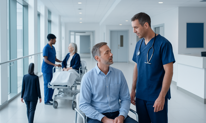 Doctor consulting patient in hospital corridor at Acibadem Hospitals Group.