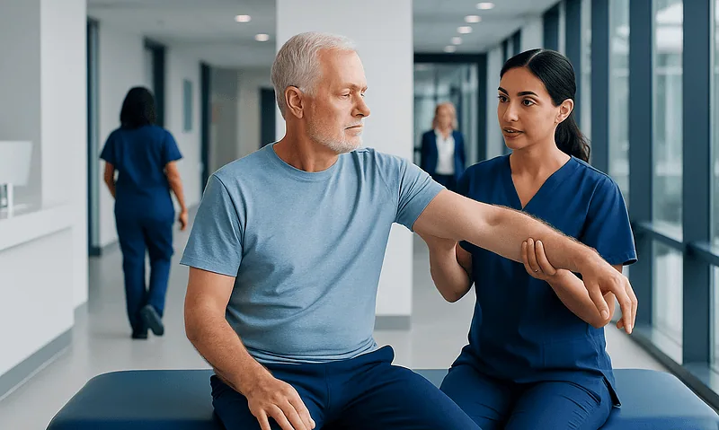 Senior patient receiving shoulder therapy from healthcare professional in hospital corridor.