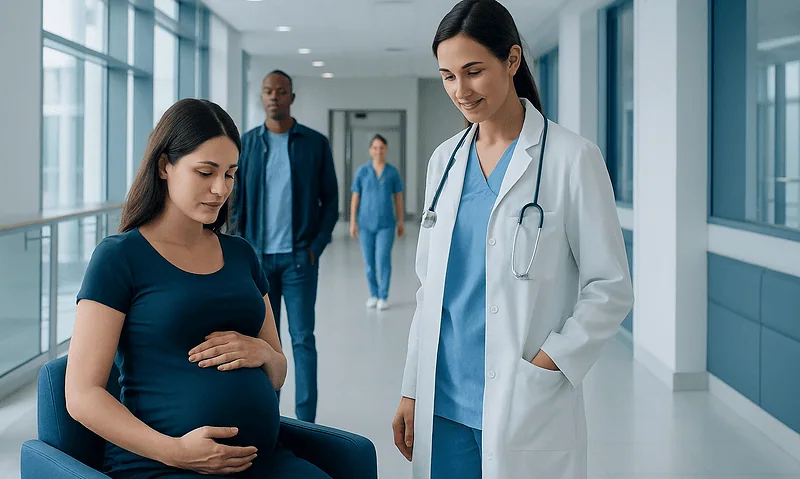 Pregnant woman consulting with a doctor in a hospital corridor.