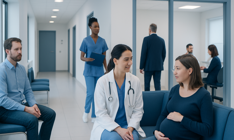 Pregnant woman consulting with a doctor in a hospital waiting area.