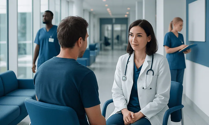 Doctor consulting patient in hospital corridor with medical staff in background.