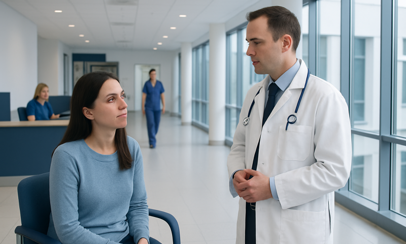 Doctor consulting patient in hospital corridor for bacterial pink eye treatment.