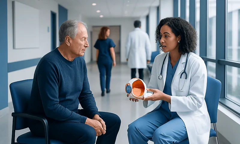 Doctor explaining eye health to an elderly patient in hospital corridor.