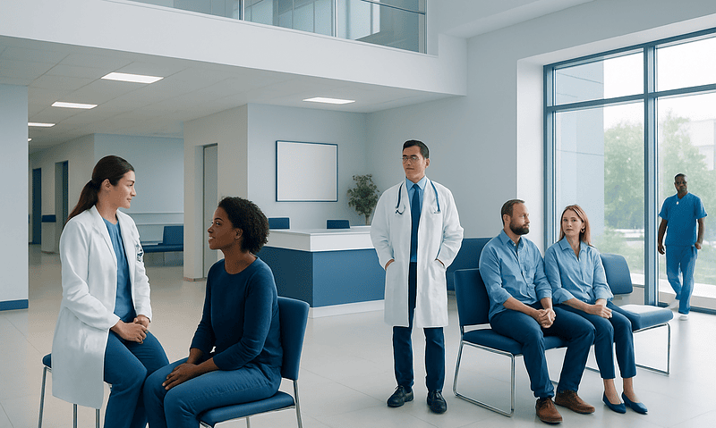 Medical consultation in a modern hospital waiting area with doctors and patients.