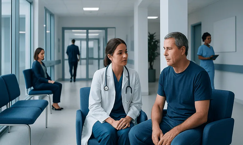 Doctor consulting with a patient in a hospital corridor.