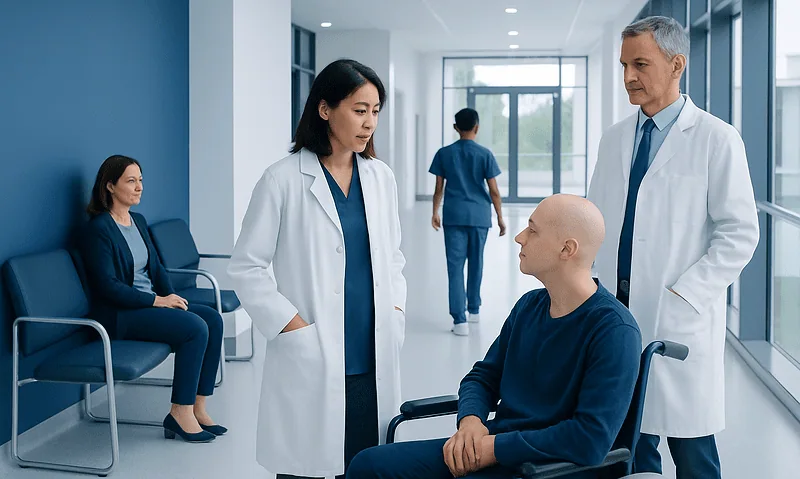 Treatment for Aplastic Anemia: How It Works, Results and What to Expect 5 Medical team consulting with a patient in a hospital corridor.