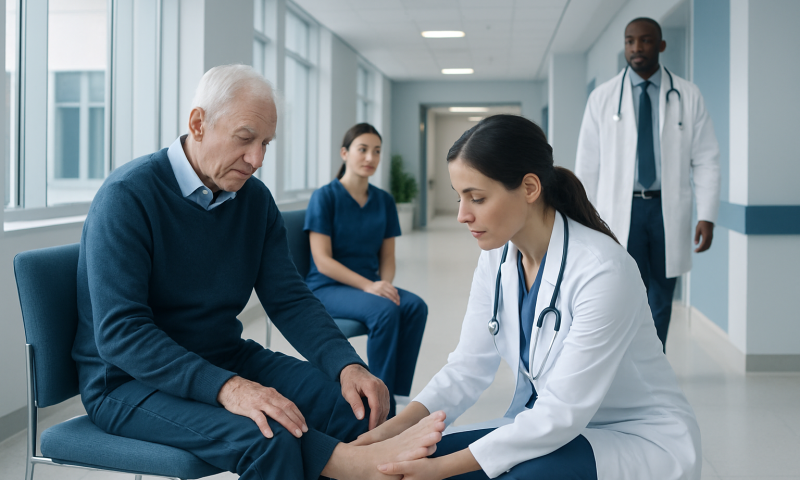 Doctor examining elderly man's foot in a hospital corridor.