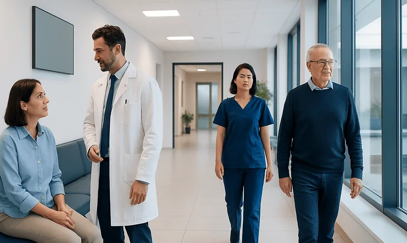 Medical consultation with a doctor and patients in a hospital corridor.