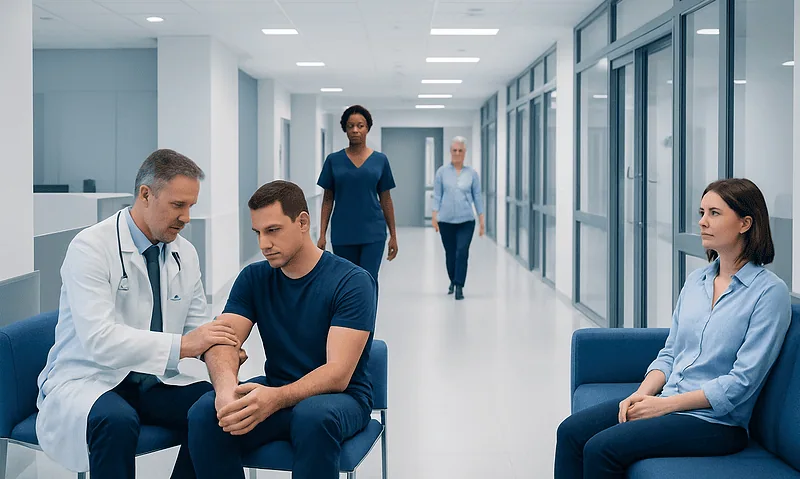 Doctor examining patient's arm in a modern hospital corridor.