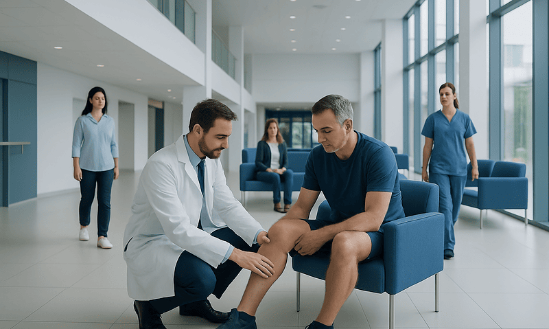 Doctor examining patient's calf muscle in modern hospital lobby.