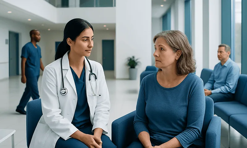 Doctor consulting with a patient in a modern hospital waiting area.