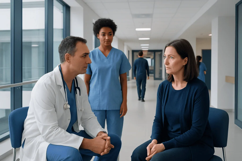 Treatment for Cyst in Pancreas: How It Works, Results and What to Expect 1 Doctor consulting with a female patient in a hospital corridor.