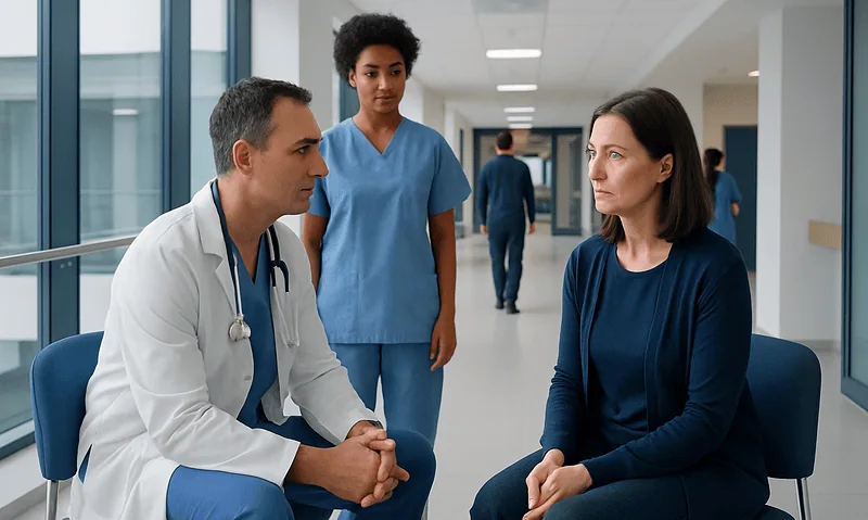 Doctor consulting with a female patient in a hospital corridor.