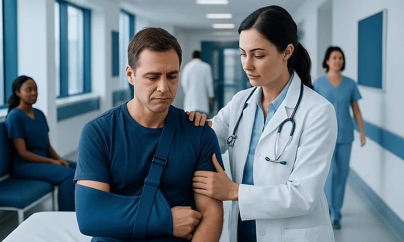 Doctor examining a patient's shoulder in a hospital corridor.