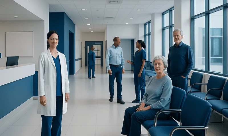 Hospital waiting area with medical staff and patients at Acibadem Hospitals Group.