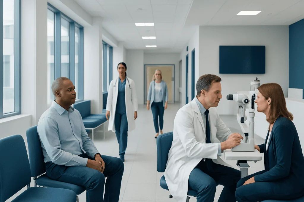 Treatment for Ekc: How It Works, Results and What to Expect 1 Doctor examining patient's eye with slit lamp in hospital clinic.