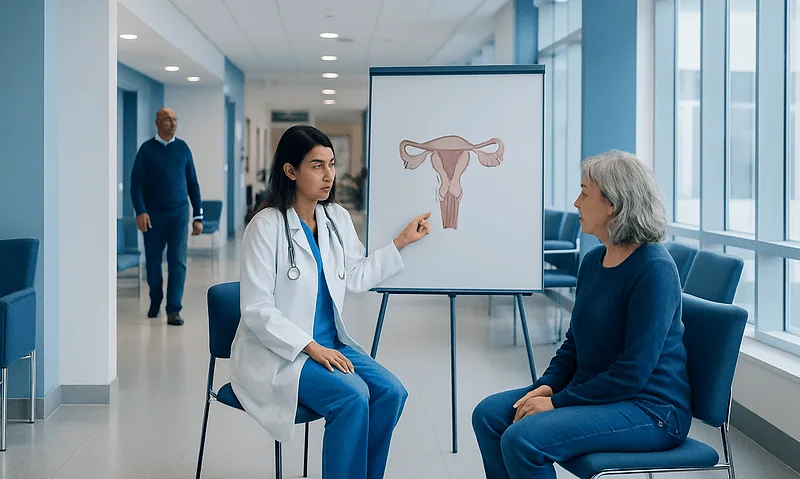 Gynecologist explaining endometrial cancer treatment options to patient.