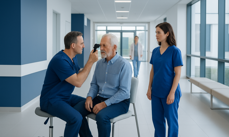 Ophthalmologist examines elderly patient's eye in hospital corridor.