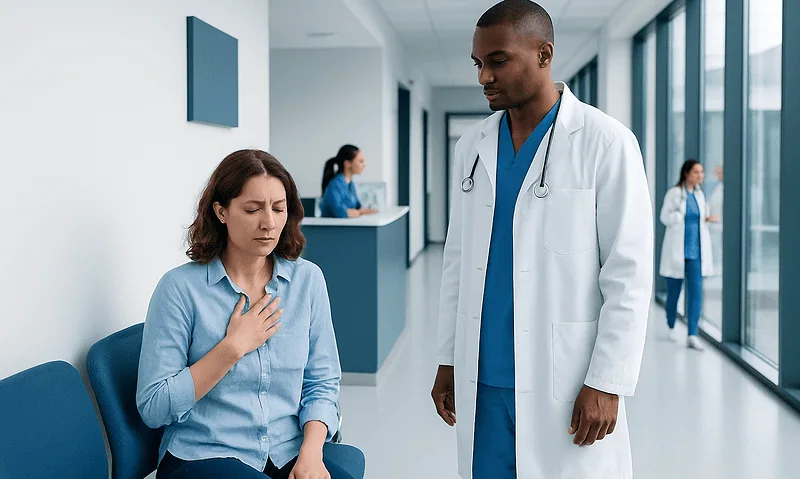 Patient experiencing nausea in hospital waiting area with doctor nearby.