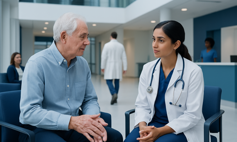 Doctor consulting with elderly patient in hospital lobby.