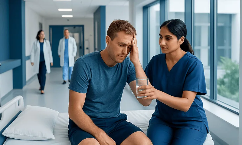 Patient with heat exhaustion holding his head in hospital bed with nurse offering water.