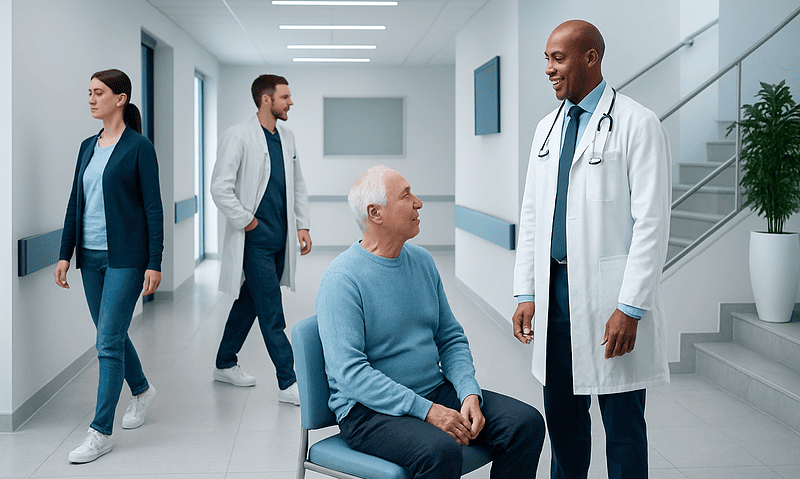Doctor consulting elderly patient in hospital corridor.