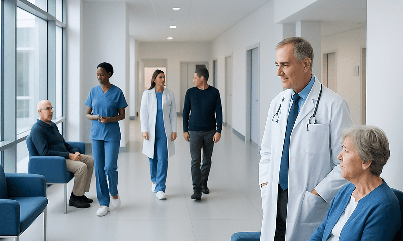 Medical staff and patients in a hospital corridor at Acibadem Hospitals Group.