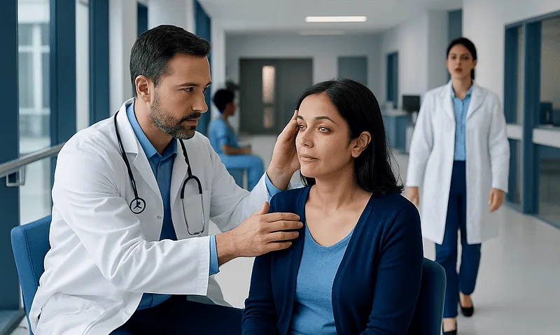 Doctor examines patient's eye in a hospital corridor.